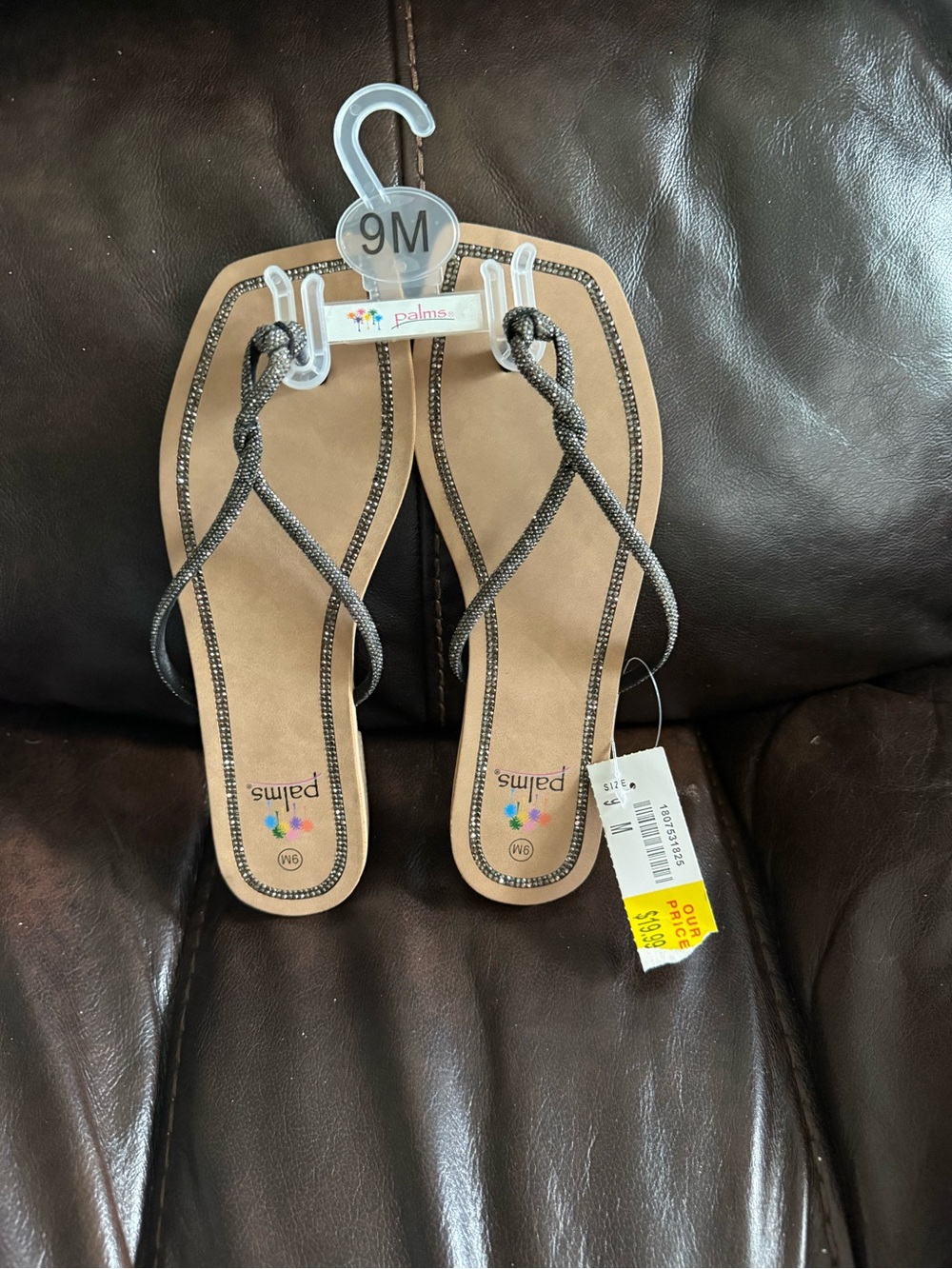 Palms Women's Tan Sandal with Metallic Gunmetal Straps